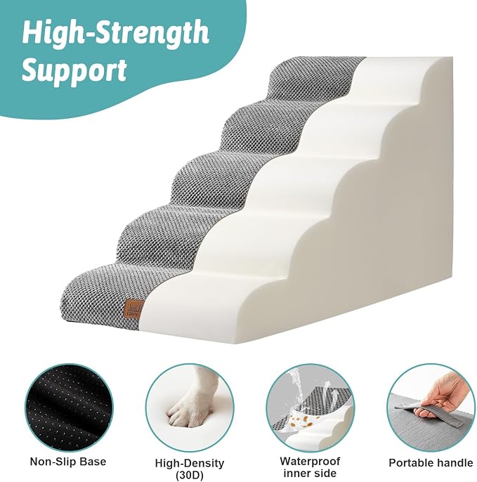 COZY KISS Wide Dog Stairs 19.7" Width, Pet Step for Small/Medium/Large Dog, Puppy or Cat, Pet Ramp for High Bed or Car, High Density Foam Ladder, 19.7x33x22.4 in, Stable, 5 Step, Grey