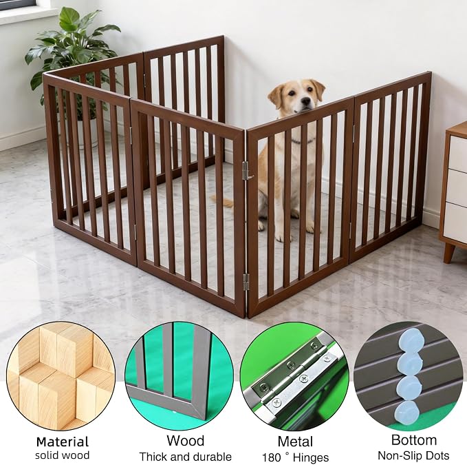 Dog Gate Indoor, Freestanding Dog Fence for The House, Doorways, Hallways,or Stairs,Pet Gate Foldable Wooden,Expandable 24" Height 6 Panels,Brown