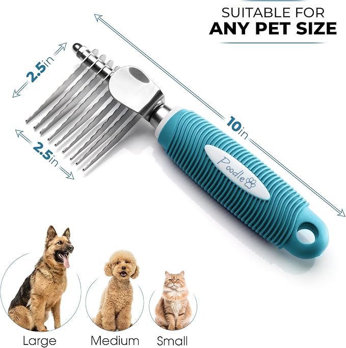 Poodle Pet Bundle - Dematting Fur Rake Comb Brush Tool with Steel Safety Blades and Detangling Pet Comb with Long and Short Stainless Steel Teeth for Detangling Matted or Knotted Undercoat Hair (Blue)