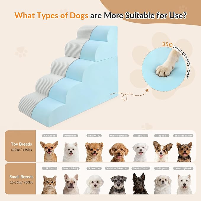 Dog Stairs for High Beds Up to 30" H with Tunnel,Extra Height 27.5" 5-Step Pet Steps for Small Dogs and Cats, Non-Slip Sturdy Dog Ramp with Anti-Tip Safety Strap and Removable Cover