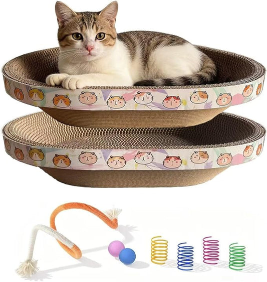 2PCS Cat Cardboard Scratcher with Toys, Oval 16.7" x 12.8" Kitty Scratching Board for Indoor Kitten Play Scratch Bed Sofa Furniture Protector