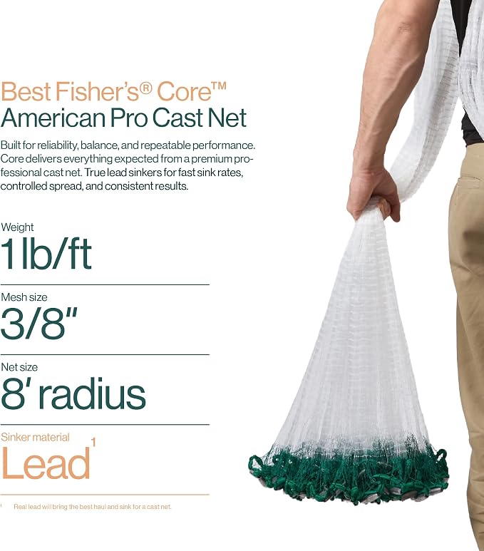 American Pro Cast Net - 4ft/6ft/8ft/10ft/12ft - 3/8" Mesh - Real Lead 1-lbs/ft Double Line - 2024 Upgraded & Optimized - Old Salt Premium Cast Nets for Fishing - E-Book & Utility Box Included
