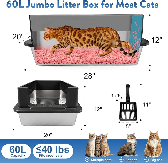 Stainless Steel Litter Box with Lid, XXXL Metal Litter Boxes for Big Cats and Kitten, Three Extra Large High Sided Littter Box,Odorless,Non-Stick,Easy Cleaning,Scoops Included (1, XXXL)