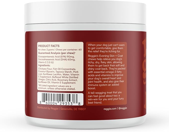Reggie Skin & Coat Supplements for Dogs | Omega-3 Fish Oil & Vitamin E for Itchy Skin Relief, Shedding & Shiny Coat | Natural Dog Skin & Coat Chews | Vet-Approved & Made in USA | 60 Soft Chews