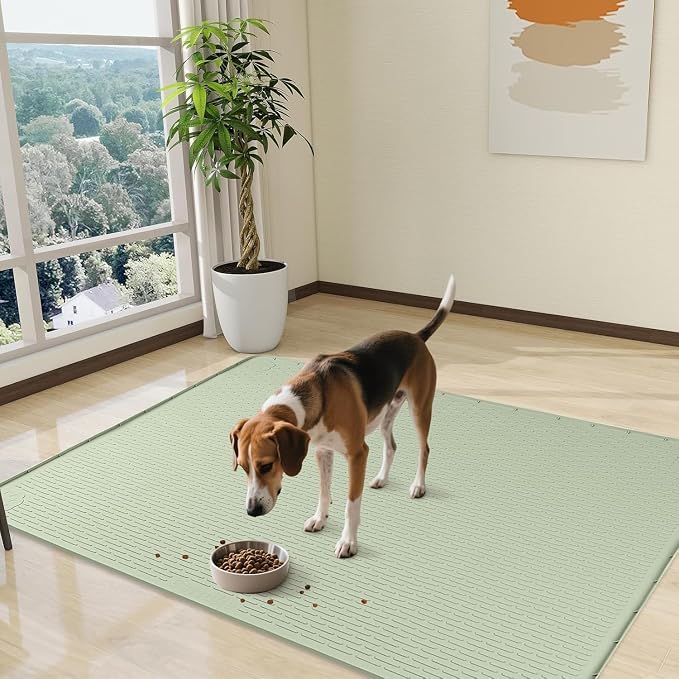 Dog Food Mat, Extra Large 70" x 45" Silicone Pet Feeding Mat with Raised Edge Pet Placemat for Small, Medium, and Large Pets Non-Slip, Easy to Clean (Green)