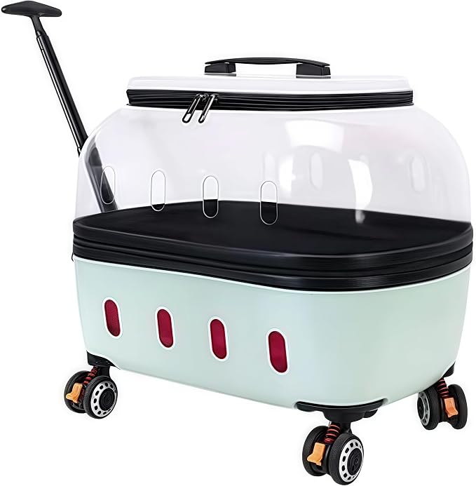 Compact Pets Carrier with Wheels 360° Castors Pet Suitcase Fits up to 48 lbs Cats or Small Dogs, External Single Pole Handle, Portable and Breathable for Trips (Mint)