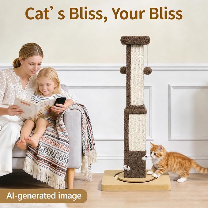 Tall Cat Scratching Post for Large Cats Kittens, 33" Indoor Sisal Vertical Pole Heavy Duty Square Structure with 4 Interactive Mouse Holes and Track Ball Base, Shields Furniture from Scratches
