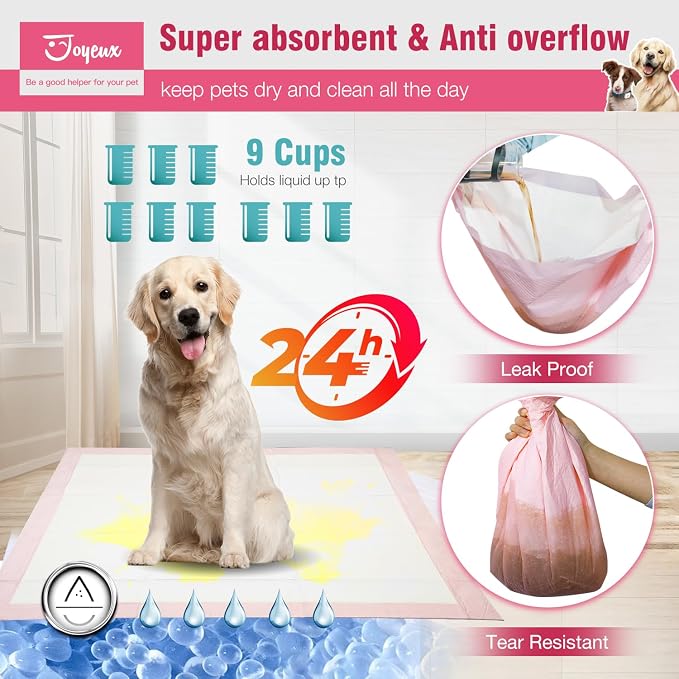 Joyeux Extra Large Puppy Pads, Super Absorbent, Ultra Leak-Proof, Quick Dry - 31.5" x 35.4" Pee Pads for Dogs - Dog Pads for Potty Training, 40 Count, Unscented, Pink, XXL