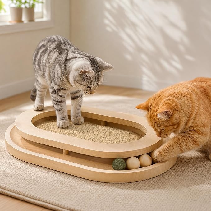Cat Scratcher, Natural Sisal Cat Scratcher Pad & Interactive Kitten Toy with Ball Track and Catnip Ball for Indoor Chasing, Hunting, Mental and Physical Exercise, Puzzle for Small Cats