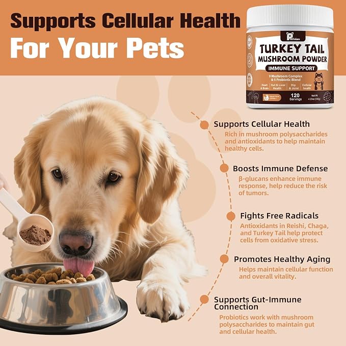 Mushroom Supplement with Probiotics for Dogs & Cats, Turkey Tail Mushroom for Pets - Mushroom Powder for Immune Boost & Overall Health- Partner Guard for Dogs Lumps and Bumps 2 Pack