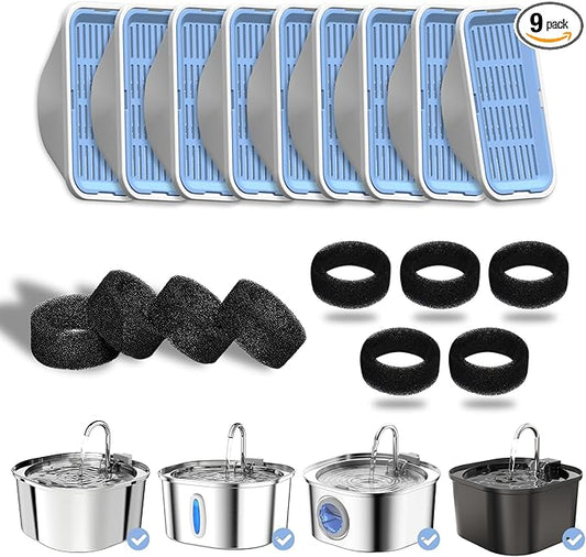 PEKTACO Cat Water Fountain Filters Replacement & Pre-Filter Sponges for 3.2L/108oz Automatic Pet Fountain, Dog Water Dispenser 9 Pack Filters & 9 Pre-Filter Sponges Foam Filters