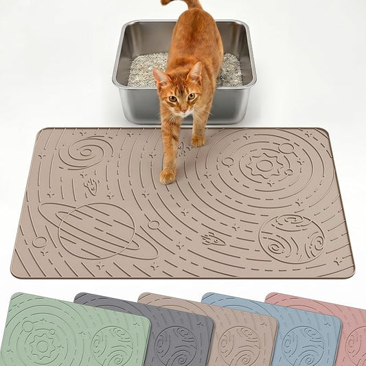 OHMO Cat Litter Mat Medium 23.6x15.7in, Beige Silicone Rubber Scatter Control Kitty Litter Box Trapping Mat, Waterproof Easy to Clean, Odorless Pet Supplies, Indoor Cat Essentials