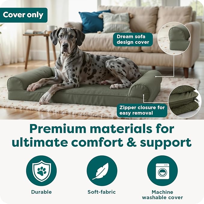 Furhaven Replacement Dog Bed Cover Faux Fur & Velvet Sofa-Style, Machine Washable - Dark Sage, Medium