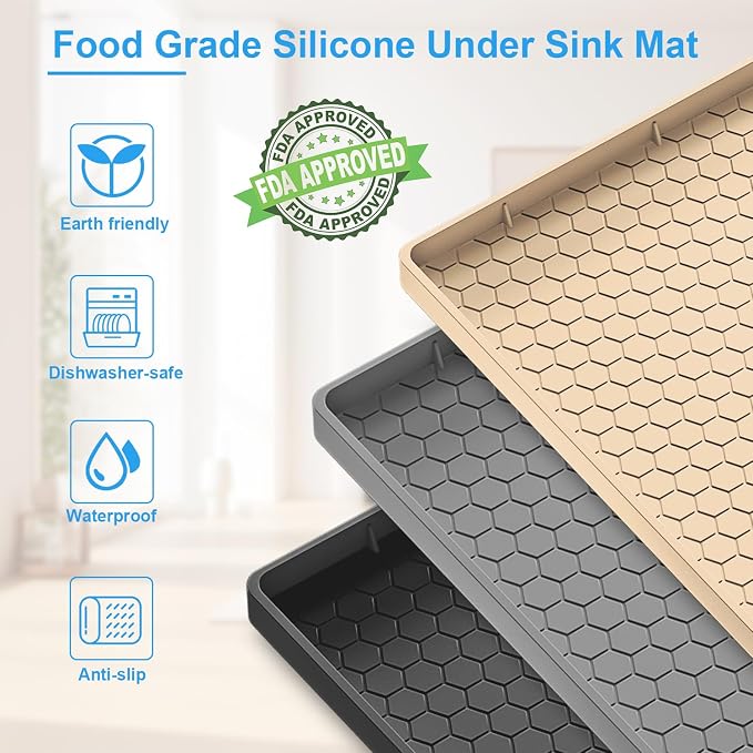 Under Sink Mat - 31" x 22" Waterproof Kitchen Cabinet Mat - Flexible Silicone Under Sink Liner - Kitchen Bathroom Cabinet Mat and Protector for Drips Leaks Spills (Black)