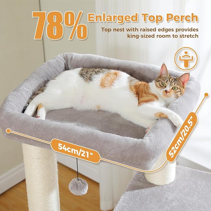 PAWZ Road Large Cat Tree, 45" Heavy Duty Cat Tower with Dual Condos, 3 Thick Full Wrapped Sisal Posts(φ4.3), Spacious Top Perch, Scratching Ramp for Large Cats,Gray