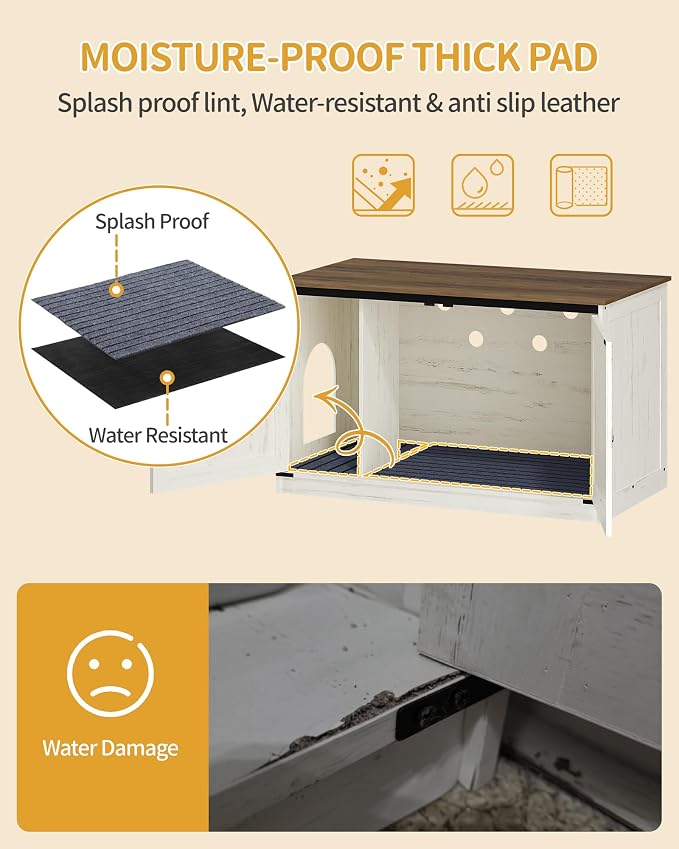 Hzuaneri Cat Litter Box Enclosure with Cushion, Hidden Litter Box Furniture with Removable Dividers, Reversible Entrance Left or Right Side,Cat House, Rustic White and Brown CB84714X