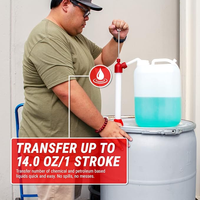 TERAPUMP Drum Barrel Pump for Mild Acids, DEF, Chemical and Biodiesel, Lift Action Manual Pump (14oz / Stroke) Adjustable Height, Fits 15-55 Gallon Barrel Drum