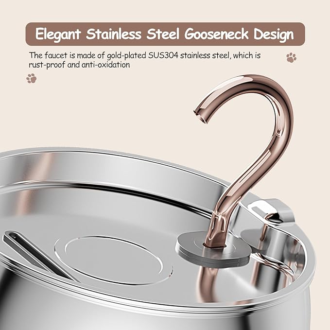 Cat Water Fountain Stainless Steel -2.5L/84oz Gooseneck Kitty Spout Cat Fountain for Drinking - Pet Water Fountain for Cats Inside with 6 Replacement Filters & 6 Pre-Filter Sponges - for Pets