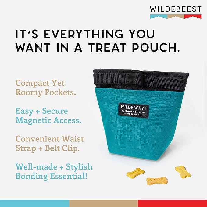 Wildebeest Dog Treat Pouch, Dog Treat Bag, Dog Training Treat Pouch, Dog Travel Bag, Pet Treat Pouch, Magnetic Closure, 2 Water-Resistant Compartments, Detachable Waist Strap & Belt Clip (Turquoise)