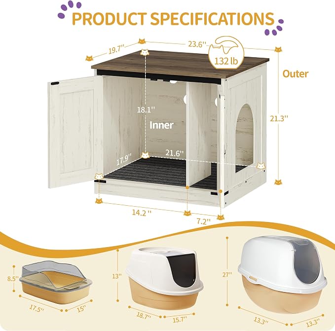 Hzuaneri Cat Litter Box Enclosure, Hidden Litter Box Furniture with Removable Dividers, Reversible Entrance Left or Right Side, Cat House, Rustic White and Brown CB84514X