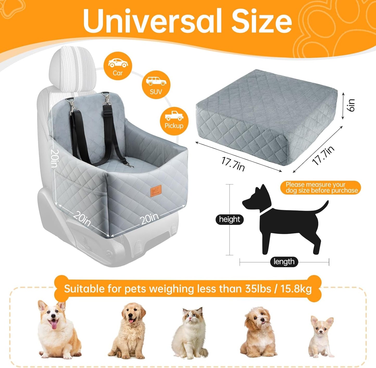 Dog Car Seats for Small Dogs, FurFrolic Memory Foam Dog Booster Seat for Small/Medium Dogs up to 35 lbs, Travel Pet Car Seat with Washable Detachable Cover, Storage Pockets, 2 Safety Belts (Gray)