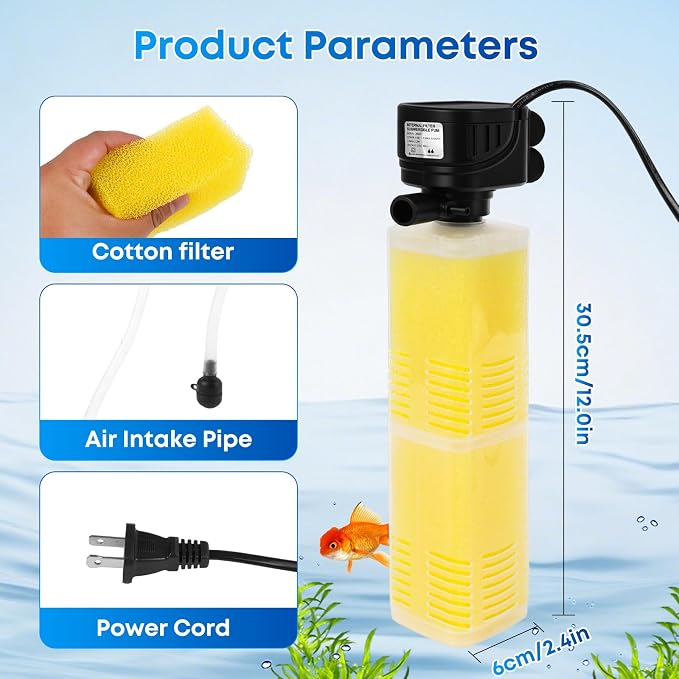 320GPH Aquarium Filter for 40–100 Gallon Fish Tanks, 4-in-1 Submersible Internal Filter with Layered Filtration, Water Pump, Air Outlet and Wave Flow Design