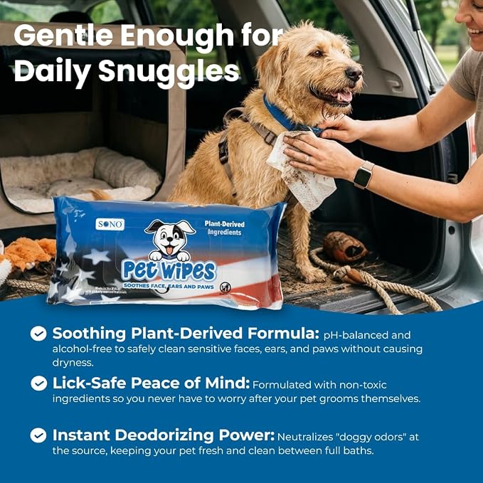 SONO Dog & Cat Wipes, Propylene Glycol Free, Lick Safe, Preservative Free, Unscented Pet Wipes for Paws Butt Face and Body, Made in USA, Organic Aloe and Chamomile, 7x8 Inch, 400 Count, 4 Pack