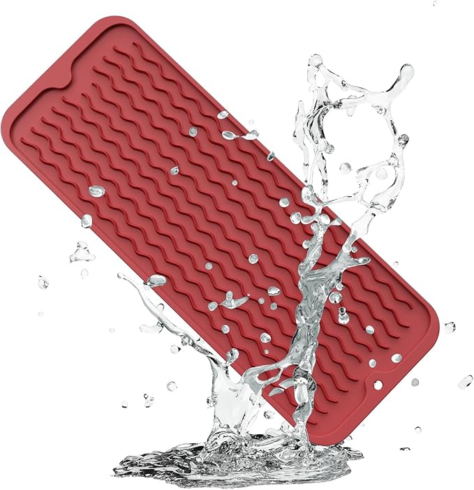 ZLR Small Dish Drying Mat (6" x 17" / 153 x 433mm) - Narrow Silicone Drainer for Kitchen Counter, Apartment & RV - Compact Sponge Holder & Sink Caddy Tray, Non-Slip Food-Grade Silicone (Lava Red)