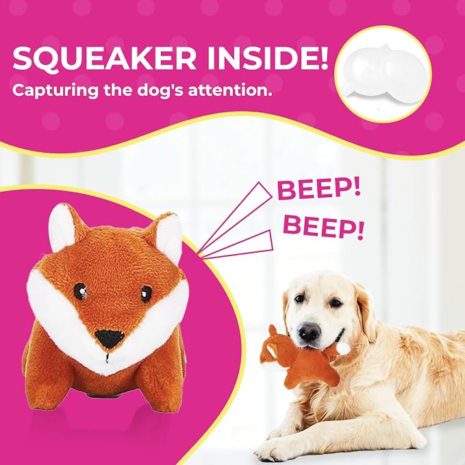 Glow Pups 3 Pack of Fox Plush Dog Toys with Squeakers for Small and Medium Size Dogs, Replacement Animal Toys for Glow Pups Burrow Hide and Seek Tree Toy (3 Pack: Replacement Animals, Fox)