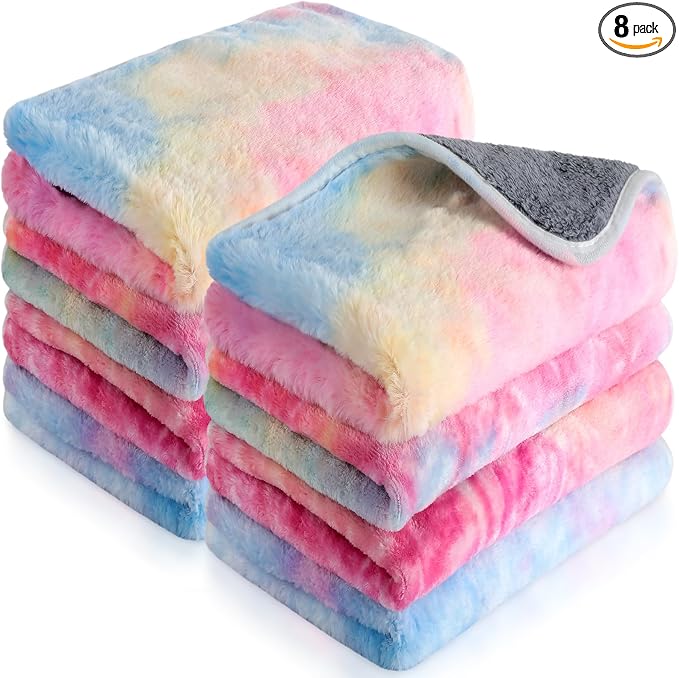 Tudomro 8 Pcs Absorbent Guinea Pig Blankets Washable Small Animal Fleece Bedding Cage Liners Reusable Pet Sleep Mat Pad Cover for Ferret Chinchilla Furniture Protection(Tie Dye,12 x 12 Inch)