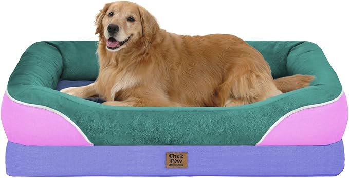 Chez Paw Large Orthopedic Dog Bed for Extra Large Dogs, Waterproof XL Egg-Crate Foam Dog Bed with Removable Washable Cover & Non-Slip Bottom, 4-Sided Bolster Support, Sage Lavender 42"x30"x7.5"