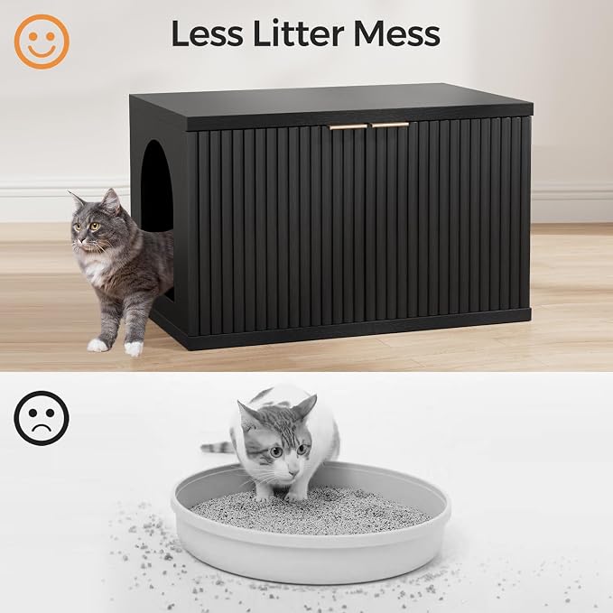 Homhedy Cat Litter Box Enclosure, Modern Fluted Accent Cat Washroom Furniture, Pet House, Fit Most of Litter Box, Black