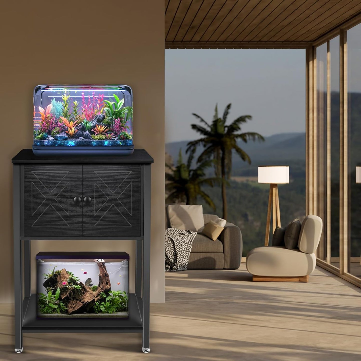 5-10 Gallon Fish Tank Stand, Heavy Duty Aquarium Stand with Cabinet & Power Outlets for Fish Tank Accessories Storage, Double Tank Stand 20.5" L* 11" W Tabletop, 220LBS Capacity Black