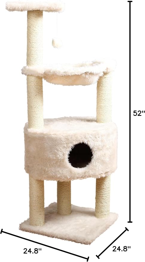 TRIXIE Baza 52" Cat Tower, Indoor Cat Furniture with Sisal Scratching Posts & Plush Covered Condo, Perch, and Hammock, Toy on String, Cream