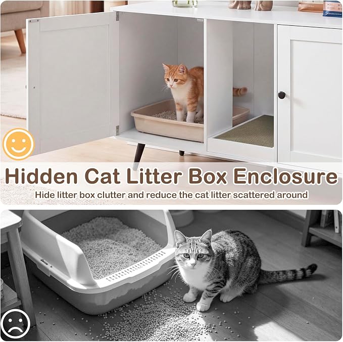 Tangkula Double Cat Litter Box Enclosure, Large Hidden Wooden Cat Cabinet for 2 Cats with Scratching Pad, Double Rooms, Versatile TV Stand Side Table for Indoor Living Room (White)