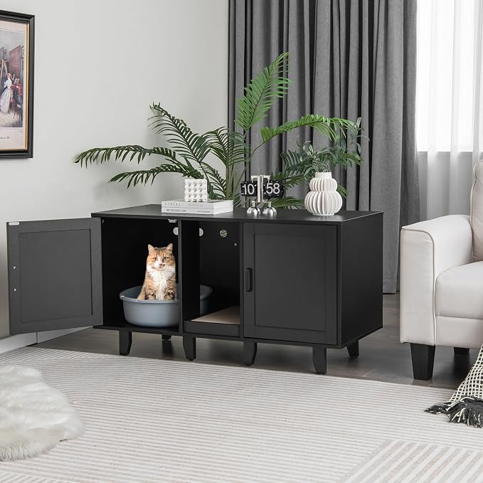 Tangkula Patented Double Cat Litter Box Enclosure for 2 Cats, Large Hidden Privacy Cat Washroom Cabinet with Scratching Board, Indoor Cat House TV Stand Side Table, Litter Box Furniture (Black)