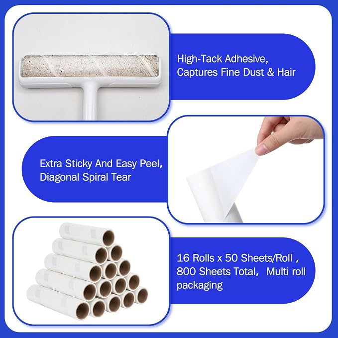 16 Pack Large Lint Roller Refills 10 Inch Wide Extra Sticky 800 Sheets Pet Hair Remover Replacement Rolls Compatible with Mega Rollers, Furniture Floor Household Cleaning