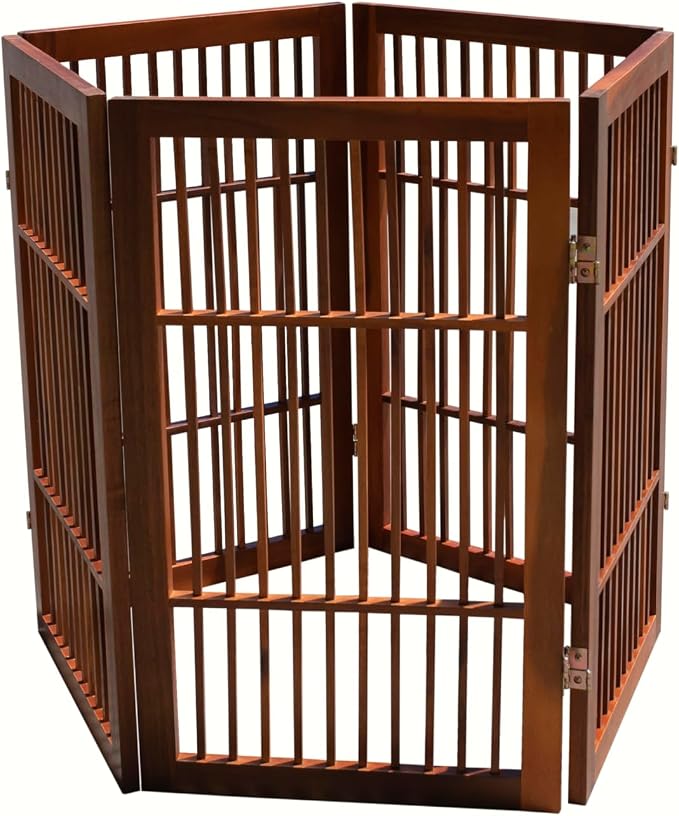 Urnporium Pet Dog Gate Freestanding, Strong Durable Folding Wooden Fence, Portable Acacia Hardwood Safety Barrier for Indoor & Outdoor Use (Brown Pet Gate, 5 Panel 30" Tall)