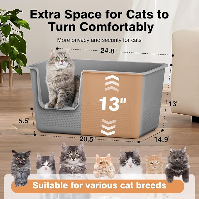 Cat Litter Box with High Sided,24.8" Lx14.9 Wx13.0 H,Extra Large Cat Litter Box for Big Cats,XL Jumbo Kitty Litter Box for Indoor Cats,Tool-Free Assembly (Grey)