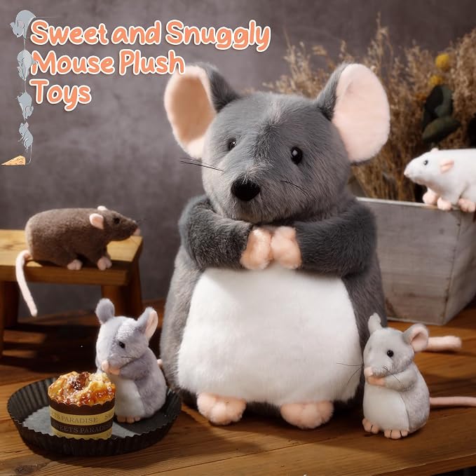 Arrowbash 5 Pcs Mouse Stuffed Animals Set - 14'' Large Mommy Rat Plush with 4 Small Mouse Babies in Zippered Tummy Stuffed Rat Plush Toys for Kids Girls Boys Valentine Birthday Gift(Fluffy Style)
