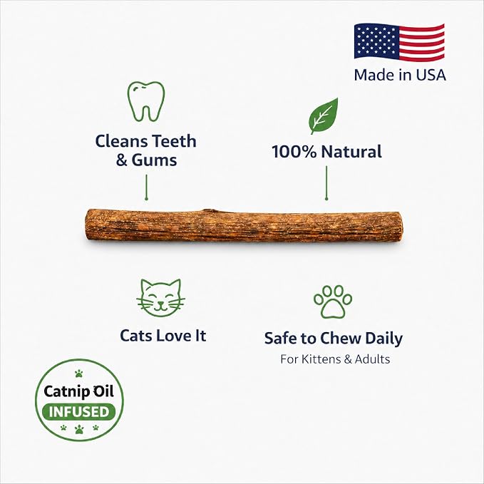 Silvervine Sticks for Cats with Catnip Oil (8 Pack) - Matatabi Cat Chew Stick Dental Toy for Teeth Cleaning - Natural Kitten Teething Chew Toys for Indoor Cats - Made in USA