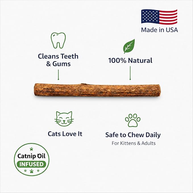 Silvervine Stick for Cats with Catnip Oil (1 Stick) - Matatabi Cat Chew Stick Dental Toy for Teeth Cleaning - Natural Kitten Teething Chew Toys for Indoor Cats - Made in USA