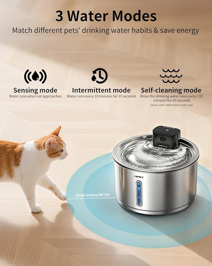 NPET Stainless Steel Wireless Cat Fountain, 1Gallon/135oz Battery Operated Automatic Pet Drinking Fountain - Cordless Dog Water Dispenser with Water Level Window for Cats Indoor