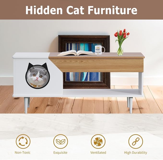 Coffee Tables with with Storage 45-Inch,Farmhouse Coffee Table with Cat House, Modern Center Table Cat Furniture Condo with Hidden Compartment for Living Room