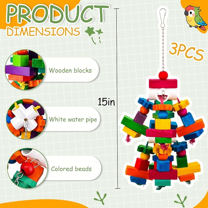 Seenelling 3 Pcs Large Parrot Toys Colorful Chewing Toy with Natural Wood Blocks for African Greys, Cockatoos, Parrots, Macaws, Medium Birds Cage Toy Accessories