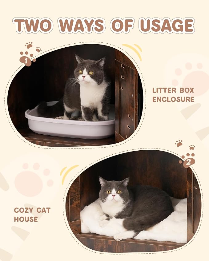 Cat Litter Box Enclosure, Hidden Cat Litter Box Furniture with Vent and Scratch Pad, Enclosed Odor Control, Easy Clean Panel, for Bedroom, Living Room, Rustic Brown