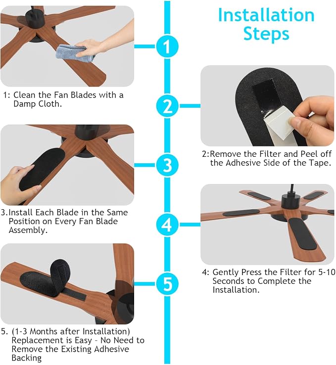 2026 Upgrade 15pcs Ceiling Fan Filters for Blades Easy-Stick Strong Fixity Activated Coconut Carbon Fan Filter for Ceiling Fan, Universal Fan Blade Air Fresh Purifier Cat Litter Box Filter, Black