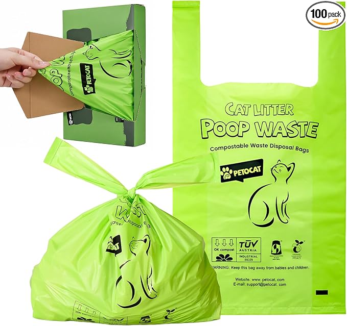 Cat Litter Bags for Poop, Certified Compostable Cat Waste Disposal Bag, Leakproof Durable and Unscented Large to Fit Any Scoop Strengthen Dog Poop Bag- 100 Count