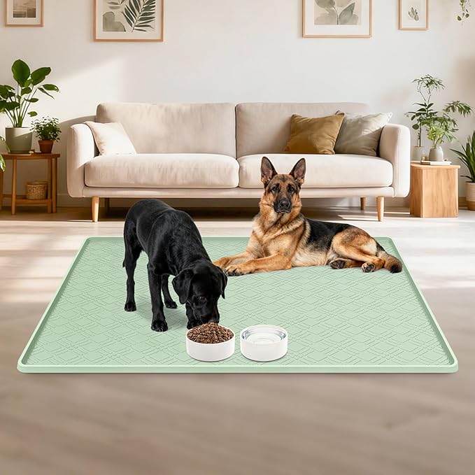 Dog Food Mat, 42" x29" Large Silicone Mat Dog Feeding Mat with Raised Edge Non-Slip Pet Feeding Mat for Food and Water Bowl, Easy to Clean, Floor Protection (Light Green)