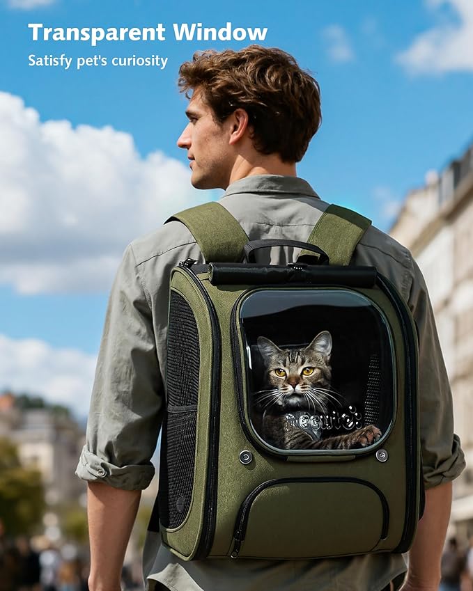 Pecute Expandable Cat Backpack Carrier, Large Space Cat Bubble Backpack, Breathable Cat Carrier, Shaded Dog Backpack Carrier for Travel, Hiking, Vet,12.6" L x 10.2" W x 16.5" H,Green